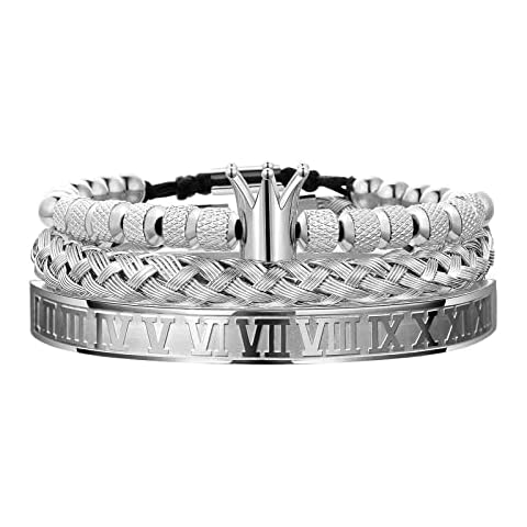 WFYOU Imperial Crown Bracelets for Men 18kt Gold Bracelet Cubic Zirconia Beads Bracelets Cross Bracelets Charm Men Luxury Gift (H:Silver) Cover