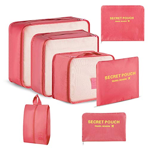Newdora 7 en 1 Set de Organizador de Equipaje Viaje con Bolsa de Zapato,Impermeable Organizador de Maleta Bolsa para Ropa Sucia de Viaje, Portatrajes de Viaje, Material Nylon, Sandía Roja
