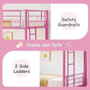 VECELO Twin Over Twin Bunk Bed with Built in Ladder and Safety Guardrail Heavy Duty Metal Bunkbeds Space Saving No Box Spring Pink