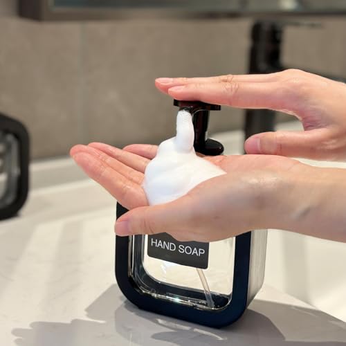Image of Foaming Soap Dispenser, 2 Pack 300ml (10oz) Plastic Refillable Foaming Hand Soap Dispenser with 16 Pcs Waterproof Labels, Foam Pump Bottle for Bathroom and Kitchen (Black)