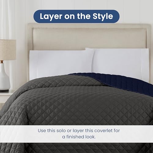 Image of Martex Reversible Coverlet, Full Queen, Graphite /Navy | Lightweight, Durable, Soft, Easy Care, Reversible