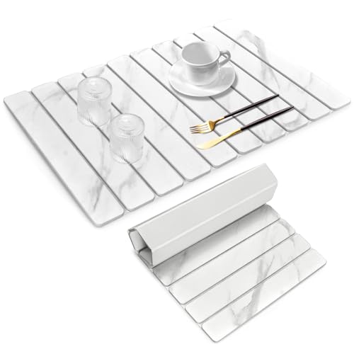 Large Stone Dish Drying Mats for Kitchen Counter, 24"(L)×16"(W) Marble-Pattern, Fast Drying Collapsible Dish Drying Mat, Eco-Friendly Absorbent Diatomaceous Earth Mats for Tableware, Match Countertop