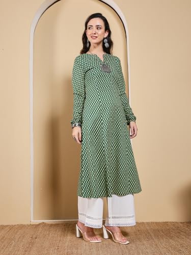 Image of FIORRA Women's Turquoise Floral Printed Anarkali Kurta