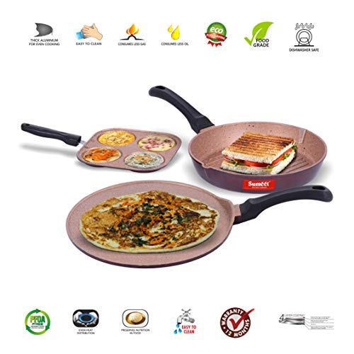 Image of Sumeet Nonstick Granite Finish ENCLAVE cookware set (Round Grill Pan 25.5cm Dia + Mini Multi Snack Maker - 4 Cavity - 19.5cm Dia + Tawa 30.5cm Dia)