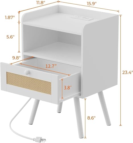 SUPERJARE Nightstand with Charging Station & Rattan-Like Decor Drawer, Rattan End Table with Solid Wood Feet, Bed Side Table with Open Storage, for Bedroom, Living Room, Dormitory - White