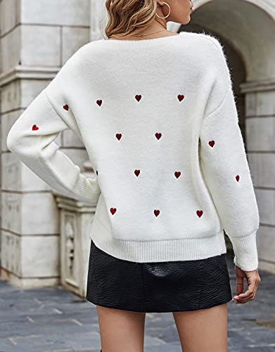 shermie Women's V Neck Loose Casual Cute Knit Red Heart Pullover Sweaters White Small - Image 6