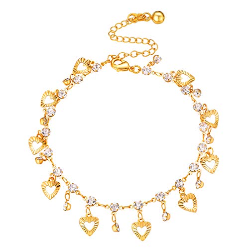 U7 Heart Charm Anklets 18k Gold Plated Foot Bracelet Jewelry for Women Rhinestone 3 Color Options (White)
