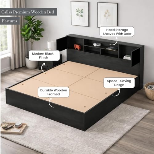 Image of Callas Estoria Engineered Wood Queen Size Bed with Storage | Free Installation with 1 Year Warranty (Black, Queen with Storage)