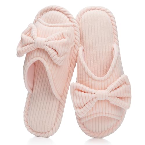Image of GOEWY Cute Slippers for Women Indoor and Outdoor Cozy Soft Bow Open Toe Womens Slippers with Memory Foam Anti-Skid Sole Slides Spa Birthday Gifts for Women Mom Her Ladies Bridesmaid