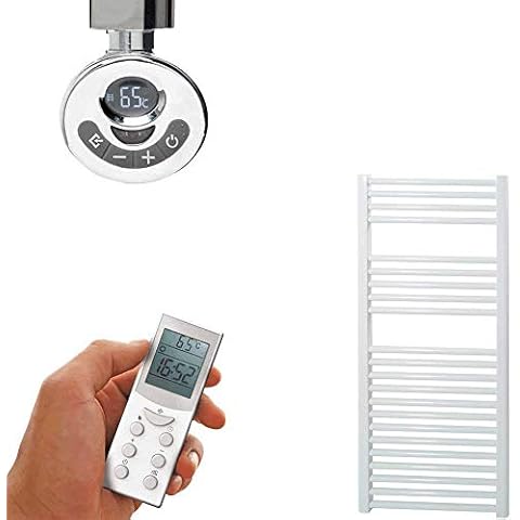 Sol*Aire Heating Products Bray Straight Thermostatic Electric Heated Towel Rail/Warmer/Radiator, White, With Timer. Round Tube, 25mm Bars, High Output. For Bathroom, Kitchen, 1200 x 500 Cover