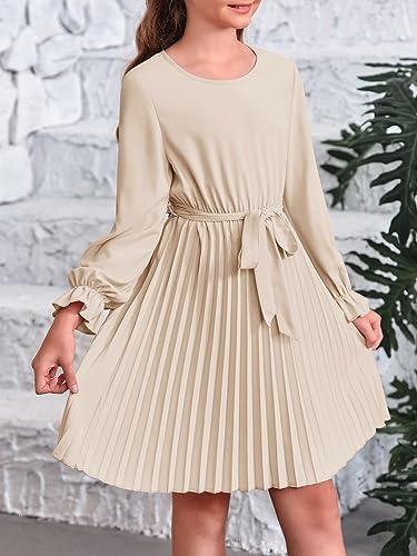 Foshow Girls Puff Long Sleeve Dresses Kids A Line Pleated Wrap Belt Crew Neck Flowy Holiday Midi Dress4