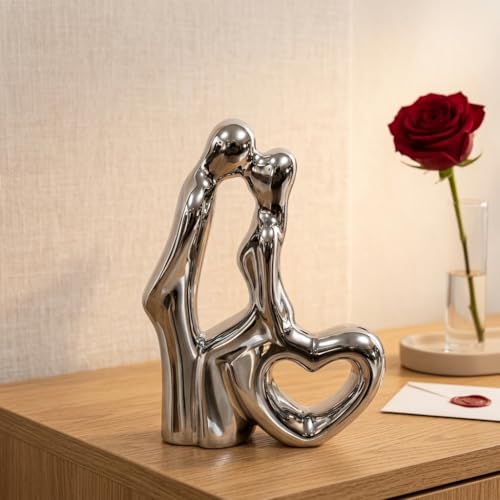 Image of Amazon Basics Serene Abstract Couple Figurine for Home & Office Decor | Modern Ceramic Love Sculpture Showpiece for Living Room, Shelf, Study Table & Bedroom Styling (Silver, 7 cm)
