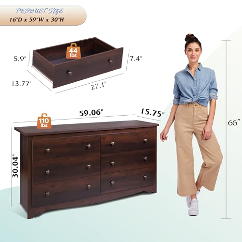 WLIVE Dresser for Bedroom, 59” Wide Chest of Drawers with 6 Drawer, Wood Long Nightstand with Drawers, Modern Large Storage Tower Unit, Closet Store Organizer for Living Room, Hallway, Brown