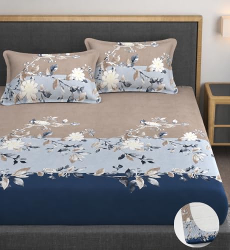 Image of Vaini Premium Heavy Cotton Elastic Fitted Bedsheets with 2 King Size Pillow Covers || Double Bed with All Around Elastic 350 (Blue Tricolor, 72x72 Inch King Fitted)