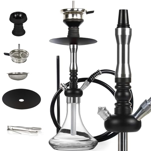 SERdeerCH Shisha Set Complet avec Tuyau Narguilé - 50 cm Shisha Chicha en Aluminium avec Tube de Immersion en Acier Inoxydable, Bol en Verre et Pince à...