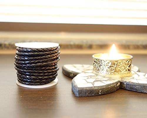 Image of 4.0mm 4 Ply Round Braided Genuine Leather Cord, Regular Shiny Black Color, Hand Braided, Roll of 5 Meters