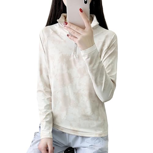 Xnihocha Summer Athletic Running Women's Top - Golf Outdoor Ice Feel Stretch Sun Block Quick Dry Breathable Lightweight Long Sleeve Shirt Beige Medium