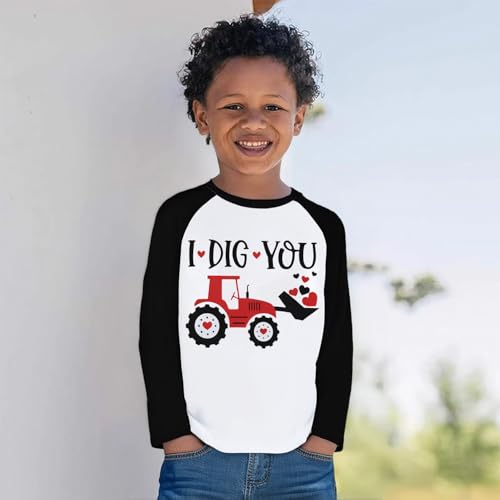 Toddler Boy Valentine Shirt Kids Raglan Long Sleeve Tees Excavator Dinosaur Heart T-Shirt Tops 2-7 Years3