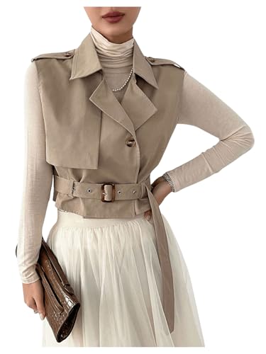 WDIRARA Women's Sleeveless Cropped Trench Coat with Belted Lapel Collar Vest Coat