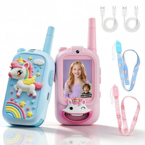 Video Walkie Talkies for Kids 2Pack Kids Long Range Rechargeable Walkie-talkie with Cute Silicone Cover & Voice Changer & Screen Display for Childrens Indoor Outdoor Use for Boys Girls