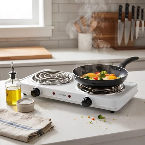 Image of Wellberg 2000W Double Burner Electric Cooking Stove with Fast Heating Coils, Temperature Control Switch and Portable Design for Daily Kitchen Cooking