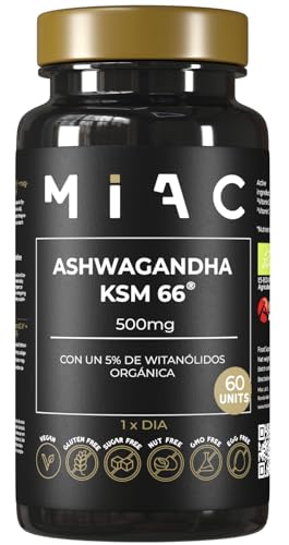 MIAC Ashwagandha ksm-66 Orgánica 500 mg con 5% Withanólidos | Alta Concentración | Pastillas Memoria y Concentración | 2 Meses Suministro