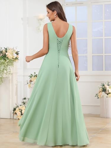 OFEYCHUN Ruffle Bridesmaid Dresses for Women with Slit Long V Neck Chiffon Formal Dress for Wedding2