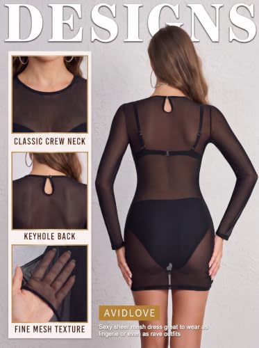 Avidlove Women's Sheer Mesh Bodycon Mini Dress Long Sleeve Black XS - image 3