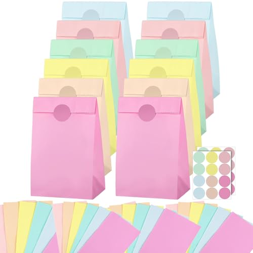 CLOUDFOUR Gift Bags Party Bags 24 pcs Kraft Paper Bags 24x13x8 cm Eco-friendly Paper Bags for Kids Birthday Wedding Party Supplies Small Goodie Bags Pastel Color Party Favor Bags with Stickers