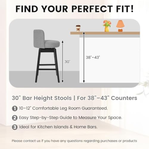Image of COCO DESIGN Swivel Bar Stools Set of 2, 30 inch Bar Height Mid Century Modern Barstools with Back, Linen Upholstered Seat and Solid Wood Legs, for Bar Kitchen Island, Smoke Gray