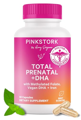 Image of Pink Stork Total Prenatal Vitamins with DHA, Folate, Iron, Choline, and Vitamin B12 - Preconception Nutrition - Prenatals for Women, Pregnancy Essentials - Mint Essence, 60 Capsules, 1 Month Supply