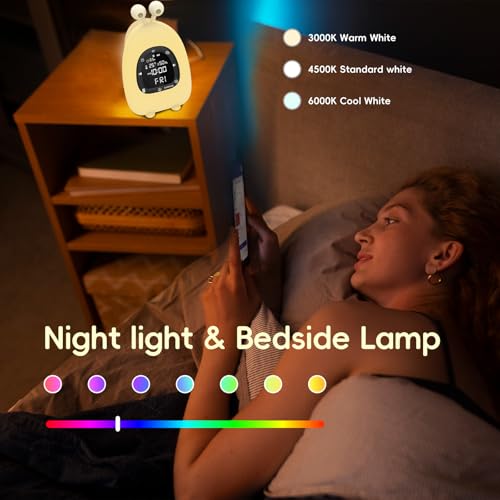 Sunrise Alarm Clock Wake Up Light, White Noise Sound Machine with 20 Soothing Sounds, 10 Night Lights, Wireless Speaker/Temp & Humidity/Rechargeable, Dimmable Clock Gift for Baby Kids Adults - Image 4