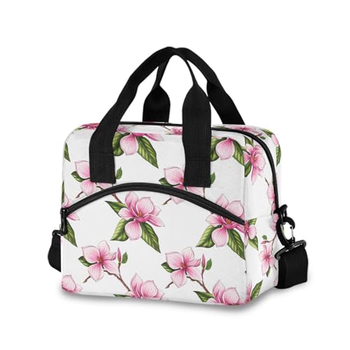 Sinestour Insulated Lunch Bag Reusable Cooler Flower Leaves Branch White Lunch Box Adjustable Shoulder Strap for Adults Men Women