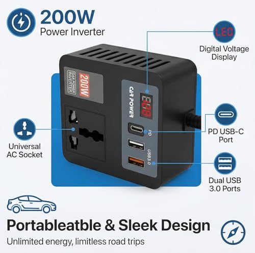 Image of Fire Turtle 200W Car Power Inverter with 2 USB Ports (18W & 15W QC3.0), 1 USB-C 30W PD, 2 AC Universal Outlets 12V DC to 220V AC Converter for Laptop, Phone, Electronics Charging (Plug Car Charger)