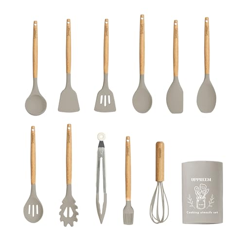 UPPREEM 12 PCS Silicon Kitchen Utensils Set, Heat Resistant, Non-Stick, Spatula Set of 12, Silicon Head and Wooden Handles (Khaki Color)