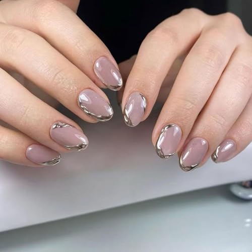 3D Chrome French False Nails Short Oval Shape Press on Nails with Metallic Silver Tips Glossy Nude Fake for Women Daily Wear, 24 Pcs