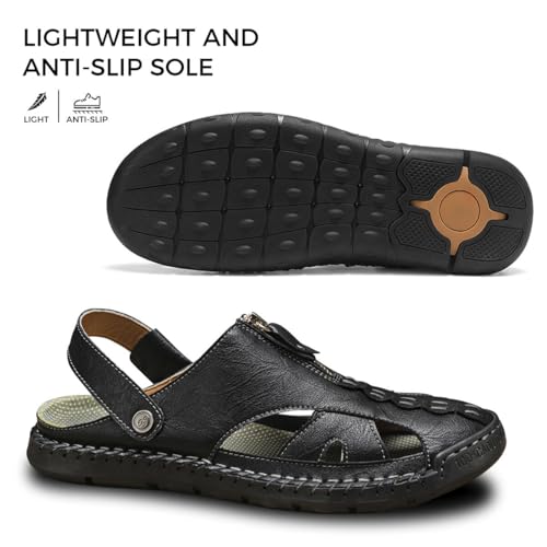 Men's Casual Leather Sandals Handcrafted Adjustable Fisherman Style with Zipper Accent Summer Beach Walking2