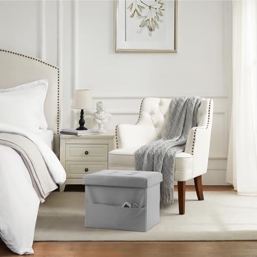 Image of Bsketa Storage Ottoman Bench,17 Inch Folding Leather Foot Rest Stool, Grey | Small Ottoman with Side Pockets, Thicker Foam Padded Seat, Livingroom, Dorm, Bedroom, Easy to install, 43L,17x13x13in