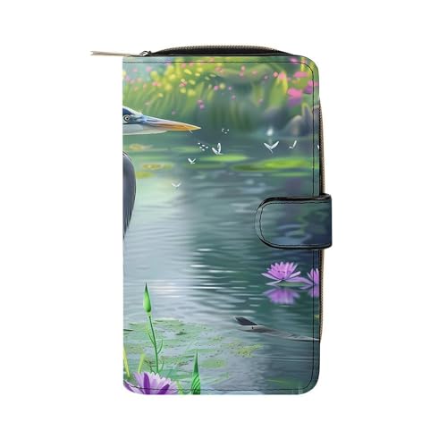 Biding Time Great Blue Heron Leather Long Pouch Wallet for Men And Women Large Capacity Clutch Cash Wallet with Zippered