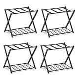Tangkula Folding Luggage Rack Set of 4, Foldable Suitcase Stand with Storage Shelf, Strong Nylon Straps, Heavy-duty Metal Luggage Holder for Guest Room, Hotel, Bedroom (Black, 4 Pack)