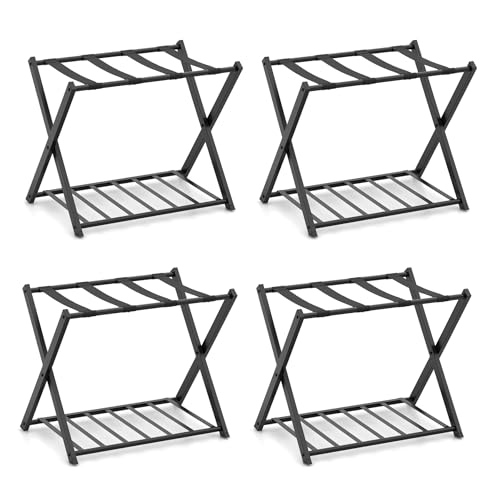 Tangkula Folding Luggage Rack Set of 4, Foldable Suitcase Stand with Storage Shelf, Strong Nylon Straps, Heavy-duty Metal Luggage Holder for Guest Room, Hotel, Bedroom (Black, 4 Pack)