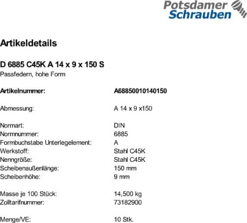 10 Passfedern DIN 6885 C45K A 14x9x150 Stahl