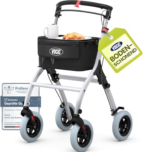 VOCIC Z32 Rollator Schmal für Wohnung Indoor Rollator Faltbar und Leicht Stabiler Wohnungsrollator mit Spuer Leiser Anti-Rutsch Reifen Rollatoren für Senioren Klappbar Tablett Weiß|5 Jahre Support