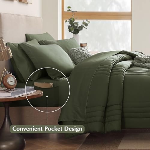 Image of Monbix Oversized Queen Size Comforter Set - 7 Pieces Bed in a Bag, Olive Green Bedding Sets with Comforter, All Seasons Comforter Bed Set with Sheets, Pillowcases & Shams
