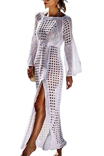 Voqeen Mujeres Sexy Bikini Cover up Vestido de Ganchillo Playa Túnica de Punto Manga de murciélago Ahuecar Bikini Cubrir Vestido Playero de (Blanco-L)