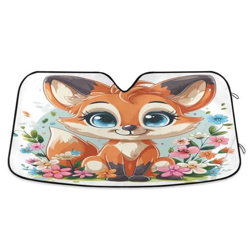 Parasol para ventanas delanteras de coche, diseño de zorro de dibujos animados con flores, plegable, protector de visera de coche, bloquea los rayos UV para coche, camión, SUV, 55 x 27.6 pulgadas