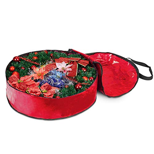 Propik Christmas Wreath Storage Bag 24" - Garland Holiday Container With Tear Resistant Material - Featuring Heavy Duty Handles And Transparent Card Slot - 24” X 7” (Red) #TOP4