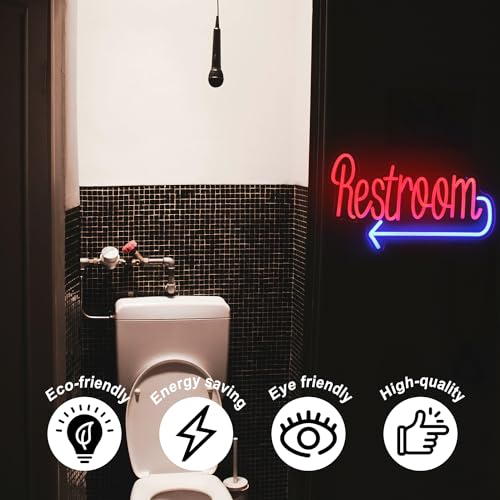 Image of Restroom with Arrow Neon Sign Toilet LED Lights for WC Bar Restaurant Decor | Dimmable Neon Bathroom Sign, Prominent Acrylic Directional Signs, Red Blue Washroom Neon Light, USB Powered, Easy to Hang