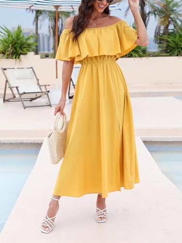 Image of CUPSHE Women Ruffle Floral Maxi Summer Dress Off Shoulder Short Sleeve Backless Flounce Bodice Slit Hem Beach Dresses