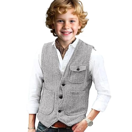 Retro Boy Herringbone Suit Vest Vintage Casual Suit Vest for Boys Tweed Wedding Homecoming Waistcoat